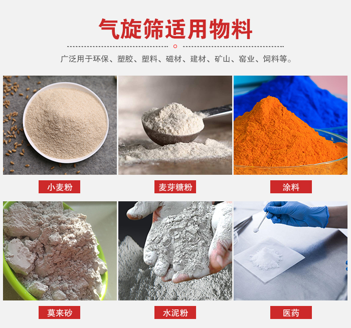 氣旋篩適用物料：小麥粉，麥芽糖粉，涂料，等粉狀物料。